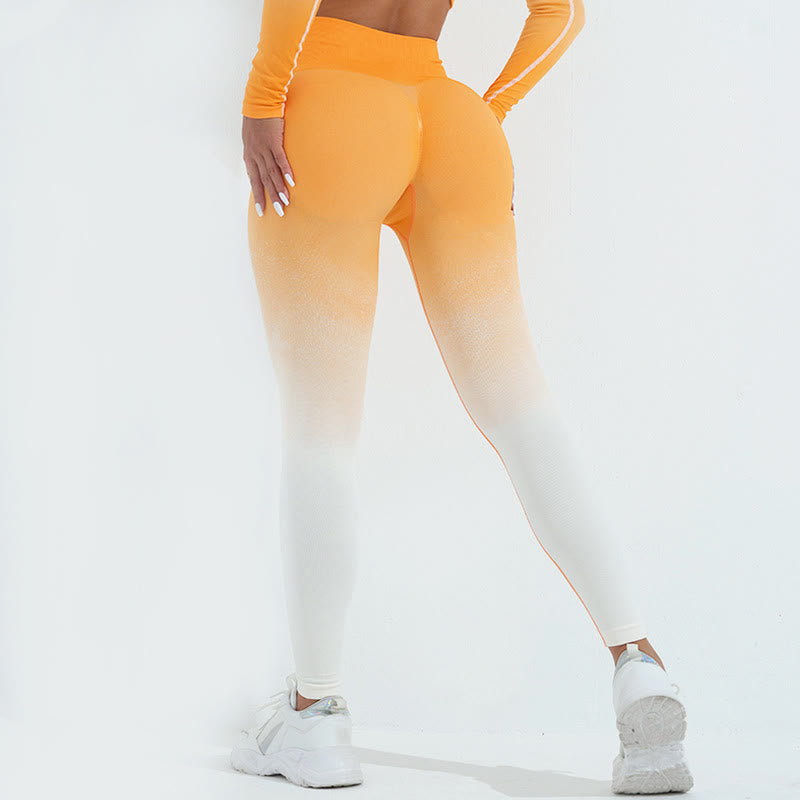 Gradient Long Sleeve Crop Top Tee Bra Leggings Pants Fitness Yoga Outfit