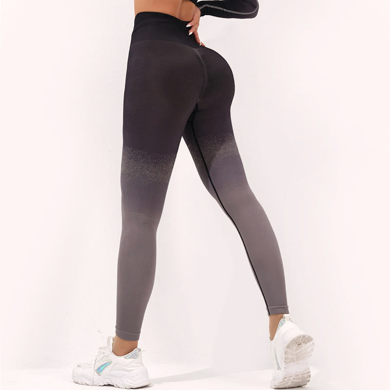 Gradient Long Sleeve Crop Top Tee Bra Leggings Pants Fitness Yoga Outfit