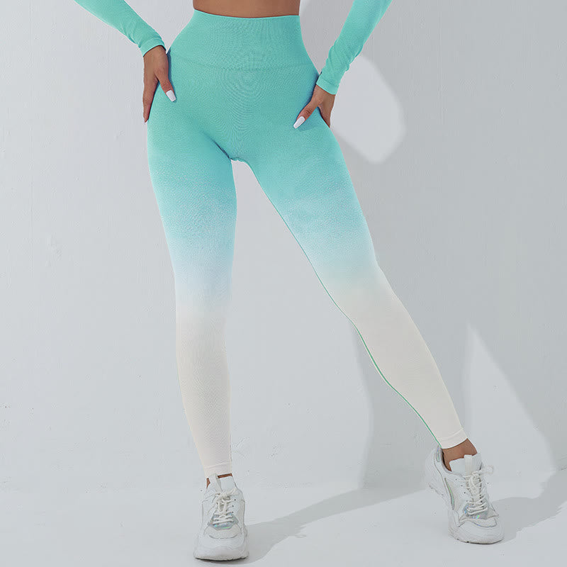 Gradient Long Sleeve Crop Top Tee Bra Leggings Pants Fitness Yoga Outfit