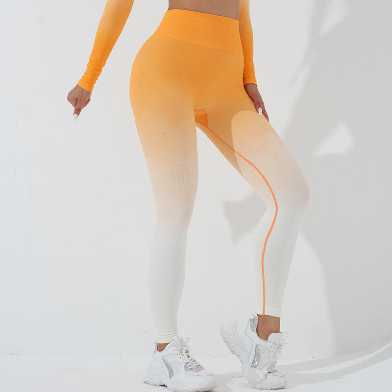 Gradient Long Sleeve Crop Top Tee Bra Leggings Pants Fitness Yoga Outfit