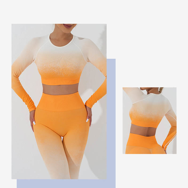 Gradient Long Sleeve Crop Top Tee Bra Leggings Pants Fitness Yoga Outfit