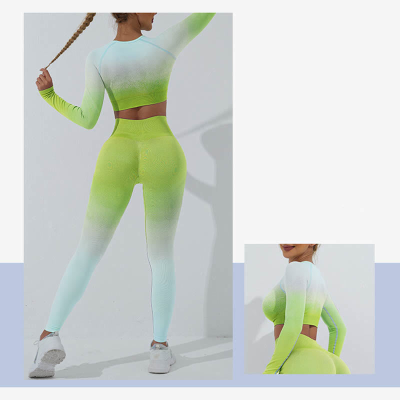 Gradient Long Sleeve Crop Top Tee Bra Leggings Pants Fitness Yoga Outfit