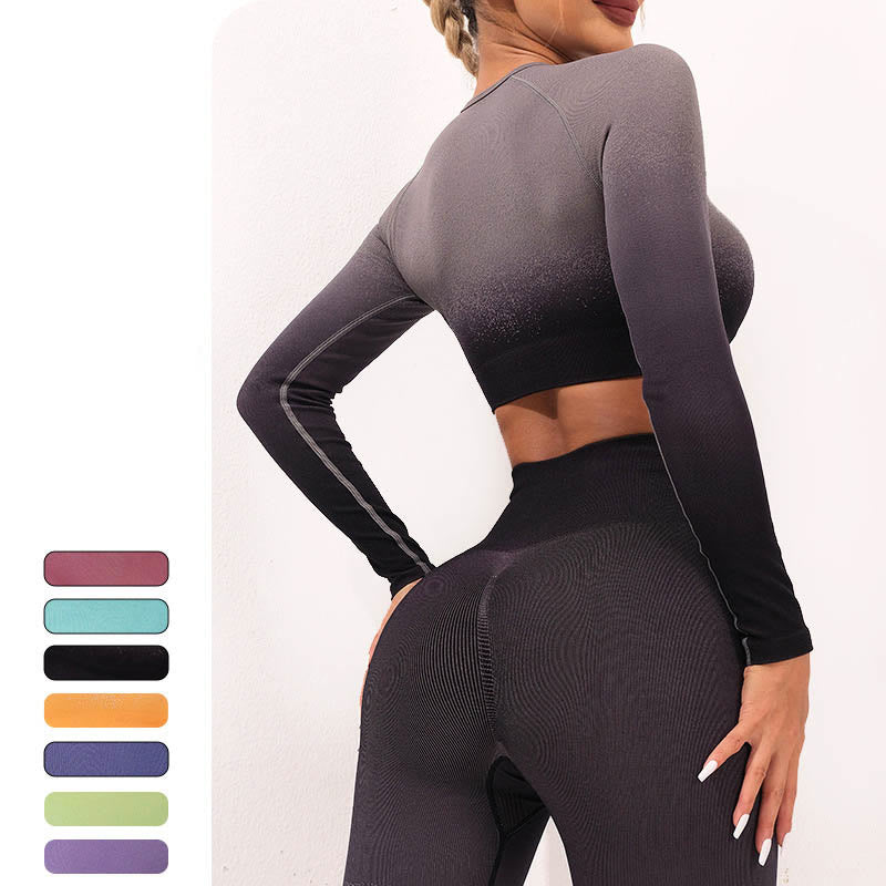 Gradient Long Sleeve Crop Top Tee Bra Leggings Pants Fitness Yoga Outfit