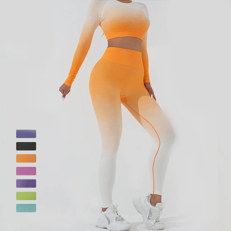 Gradient Long Sleeve Crop Top Tee Bra Leggings Pants Fitness Yoga Outfit