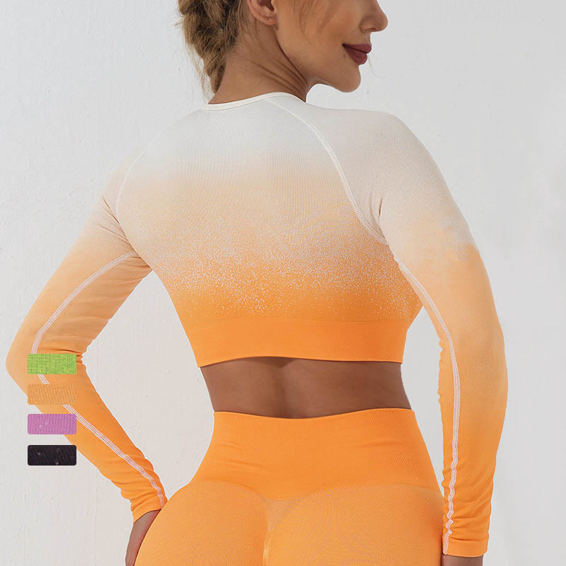 Gradient Long Sleeve Crop Top Tee Bra Leggings Pants Fitness Yoga Outfit