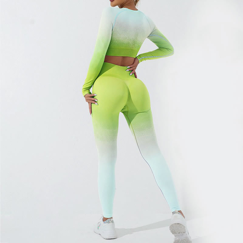 Gradient Long Sleeve Crop Top Tee Bra Leggings Pants Fitness Yoga Outfit