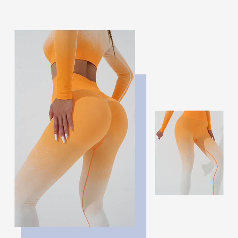 Gradient Long Sleeve Crop Top Tee Bra Leggings Pants Fitness Yoga Outfit