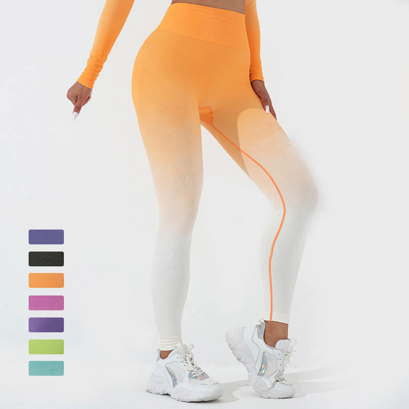 Gradient Long Sleeve Crop Top Tee Bra Leggings Pants Fitness Yoga Outfit