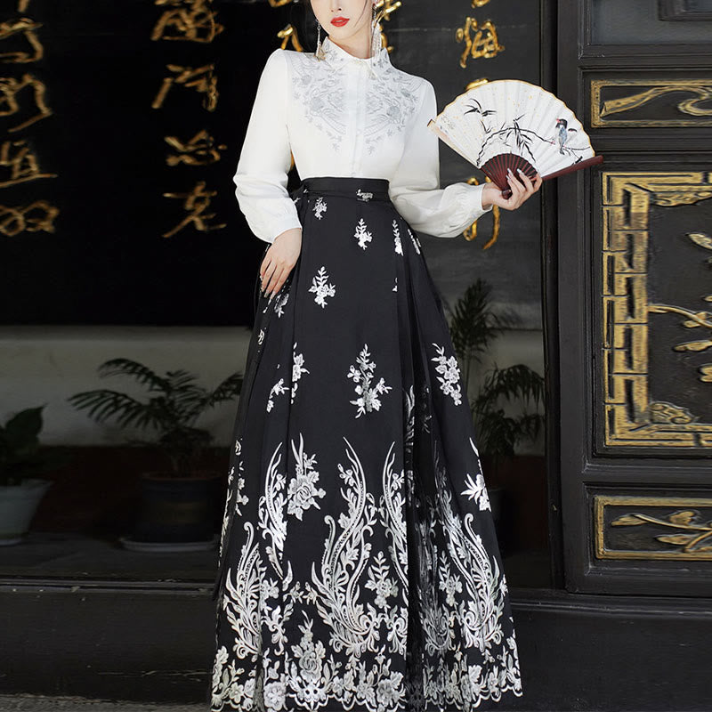 Embroidered Botanical Pleated Mamianqun Mindful Riding Skirt Set