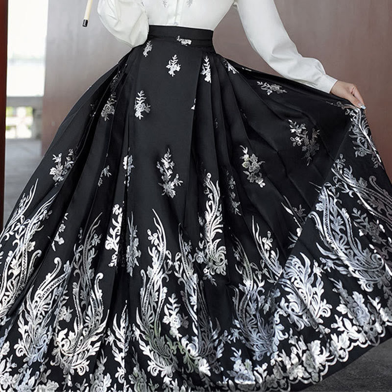 Embroidered Botanical Pleated Mamianqun Mindful Riding Skirt Set