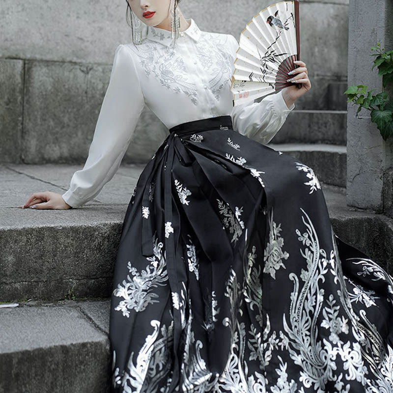 Embroidered Botanical Pleated Mamianqun Mindful Riding Skirt Set