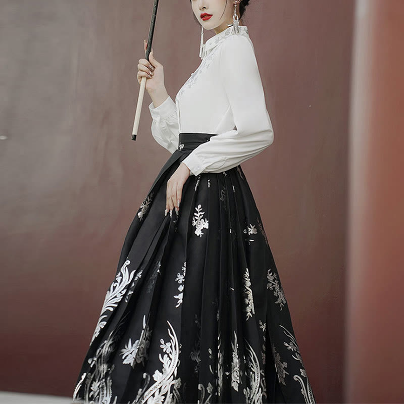 Embroidered Botanical Pleated Mamianqun Mindful Riding Skirt Set