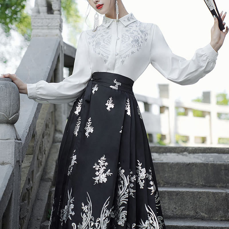 Embroidered Botanical Pleated Mamianqun Mindful Riding Skirt Set