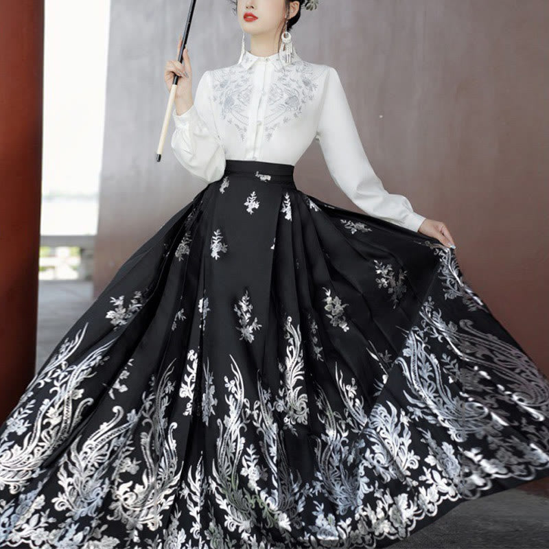 Embroidered Botanical Pleated Mamianqun Mindful Riding Skirt Set