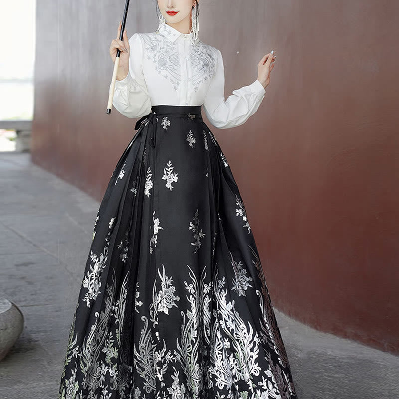 Embroidered Botanical Pleated Mamianqun Mindful Riding Skirt Set