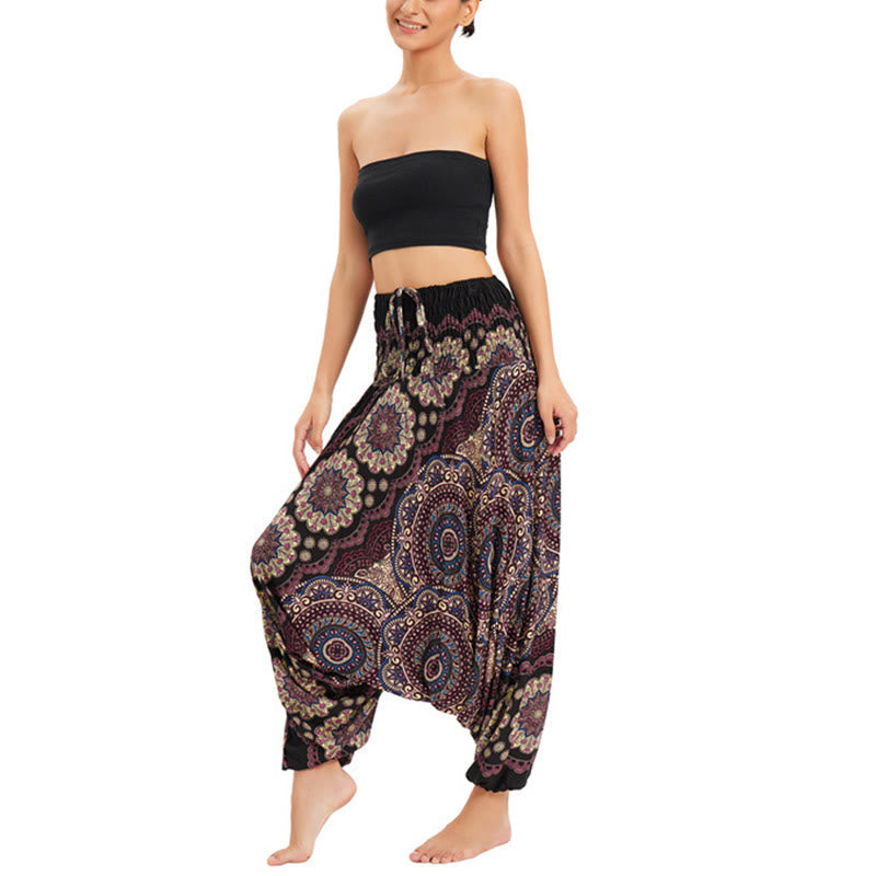 Two Style Wear Mandala Flower Pattern Loose Smocked Harem Trousers Jumpsuit High Waist Pants