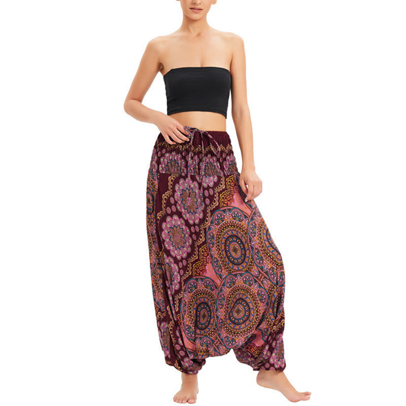 Two Style Wear Mandala Flower Pattern Loose Smocked Harem Trousers Jumpsuit High Waist Pants