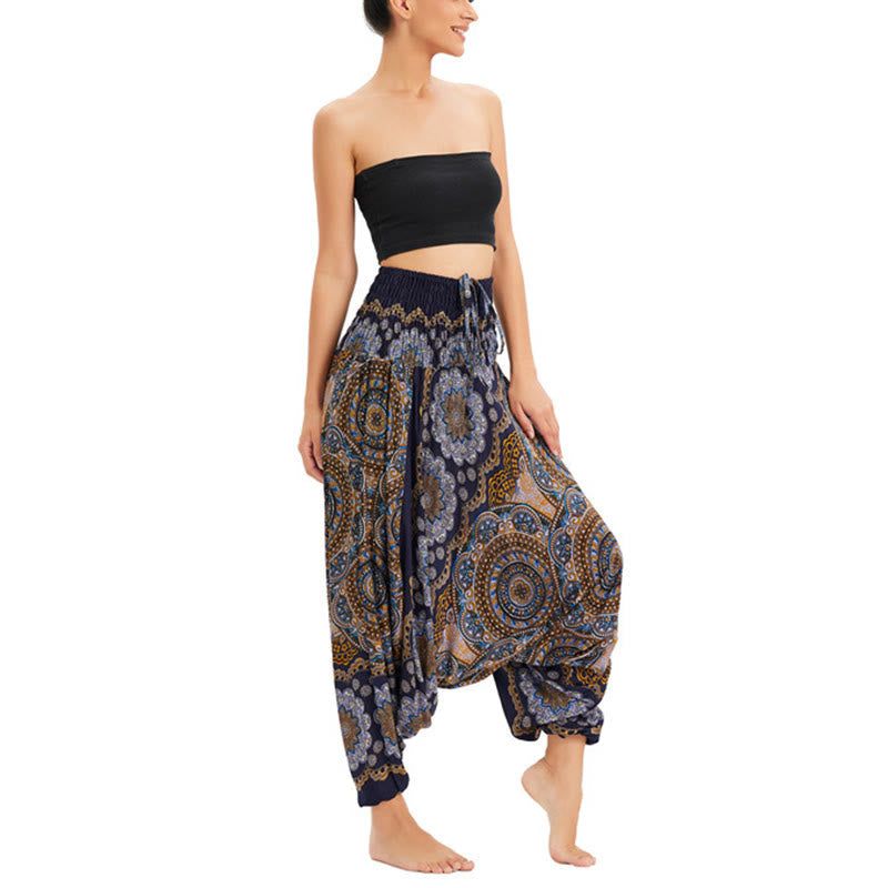 Two Style Wear Mandala Flower Pattern Loose Smocked Harem Trousers Jumpsuit High Waist Pants