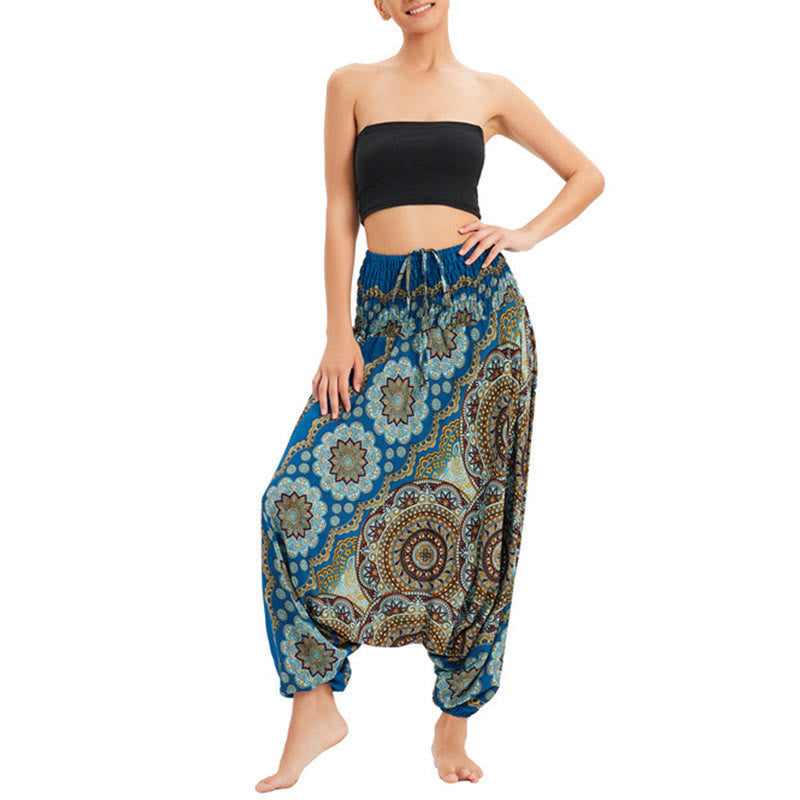 Two Style Wear Mandala Flower Pattern Loose Smocked Harem Trousers Jumpsuit High Waist Pants