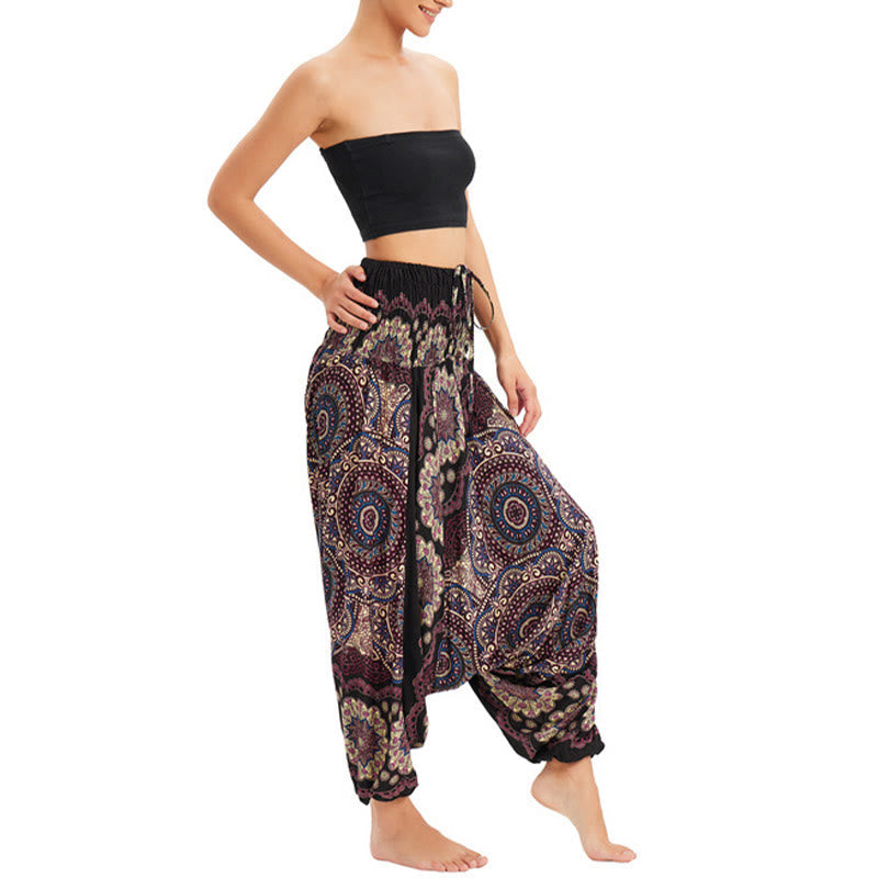 Two Style Wear Mandala Flower Pattern Loose Smocked Harem Trousers Jumpsuit High Waist Pants
