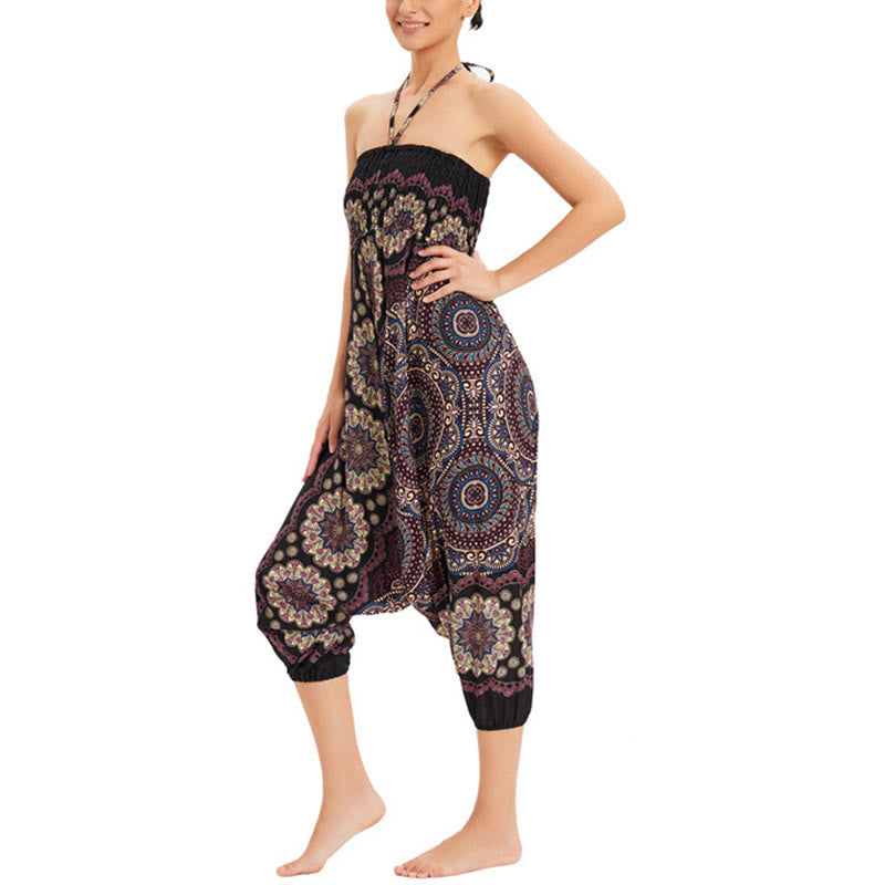 Two Style Wear Mandala Flower Pattern Loose Smocked Harem Trousers Jumpsuit High Waist Pants
