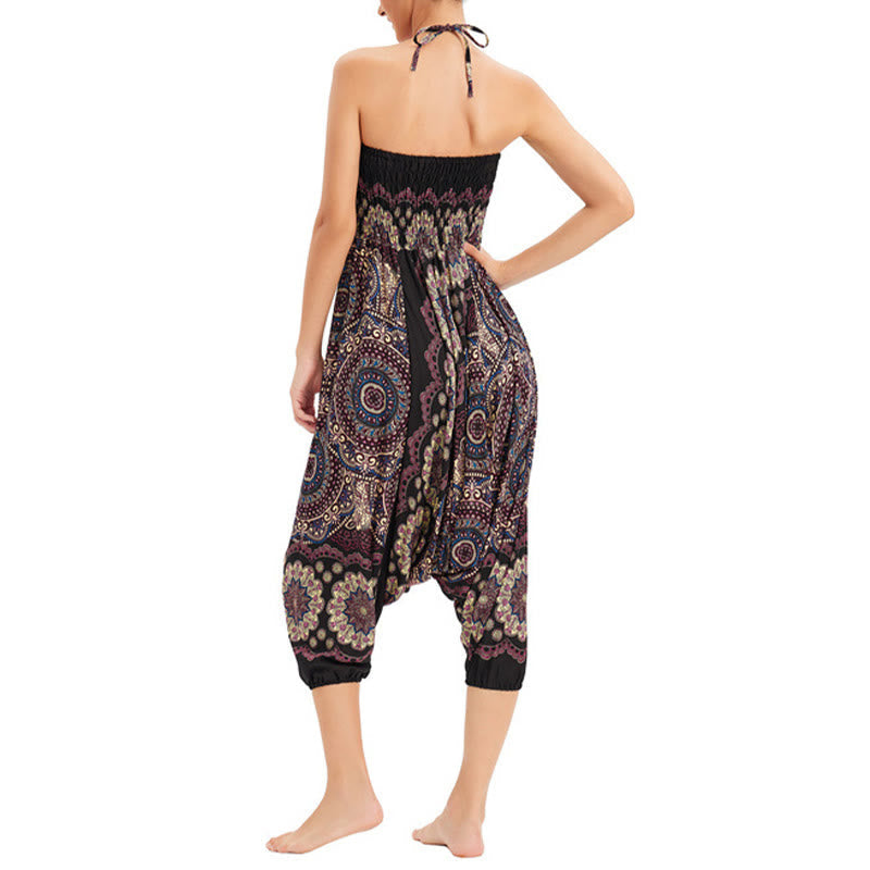 Two Style Wear Mandala Flower Pattern Loose Smocked Harem Trousers Jumpsuit High Waist Pants