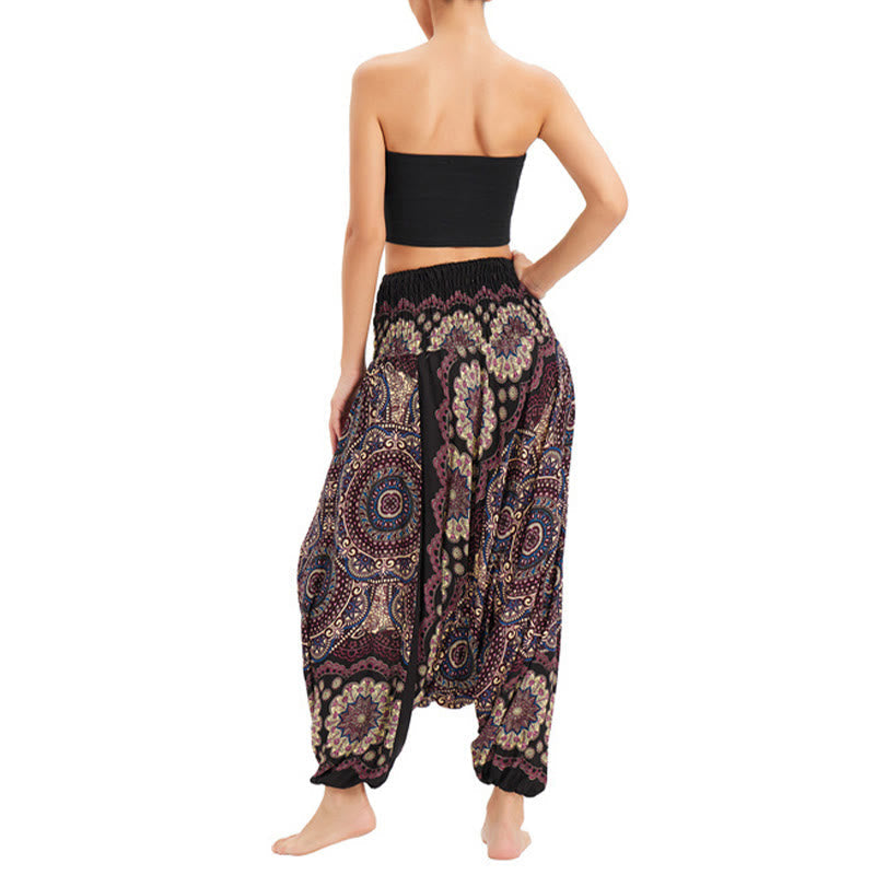 Two Style Wear Mandala Flower Pattern Loose Smocked Harem Trousers Jumpsuit High Waist Pants