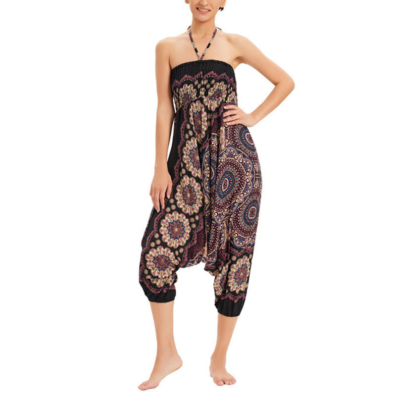 Two Style Wear Mandala Flower Pattern Loose Smocked Harem Trousers Jumpsuit High Waist Pants