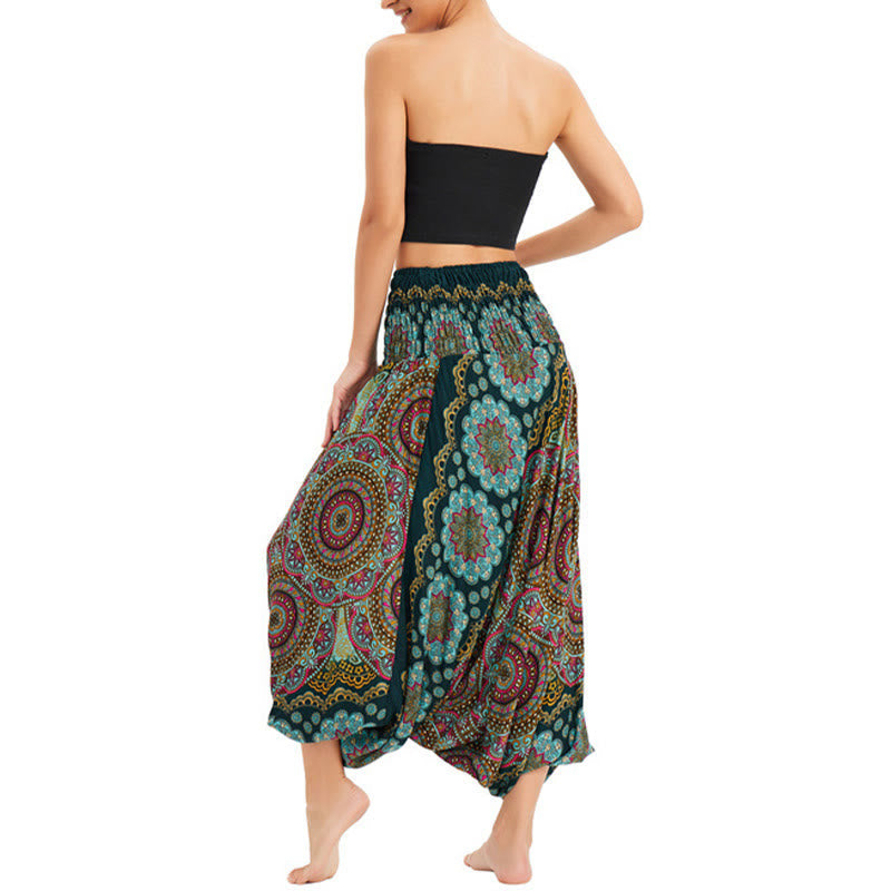 Two Style Wear Mandala Flower Pattern Loose Smocked Harem Trousers Jumpsuit High Waist Pants