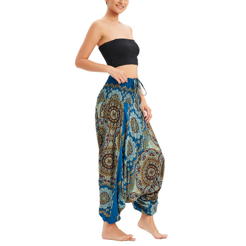 Two Style Wear Mandala Flower Pattern Loose Smocked Harem Trousers Jumpsuit High Waist Pants