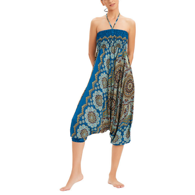 Two Style Wear Mandala Flower Pattern Loose Smocked Harem Trousers Jumpsuit High Waist Pants