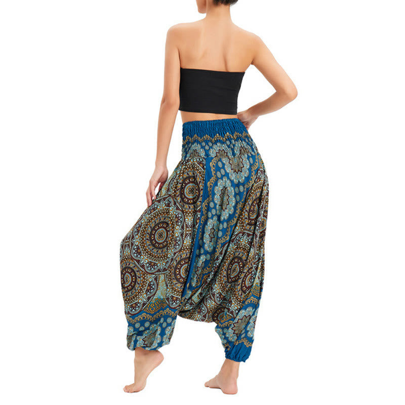 Two Style Wear Mandala Flower Pattern Loose Smocked Harem Trousers Jumpsuit High Waist Pants