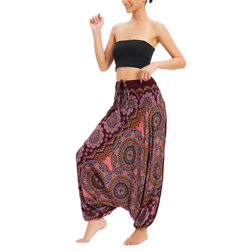 Two Style Wear Mandala Flower Pattern Loose Smocked Harem Trousers Jumpsuit High Waist Pants