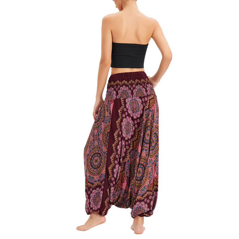 Two Style Wear Mandala Flower Pattern Loose Smocked Harem Trousers Jumpsuit High Waist Pants