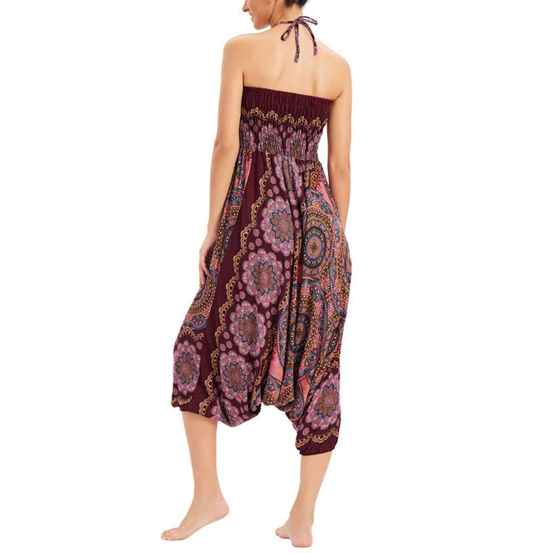 Two Style Wear Mandala Flower Pattern Loose Smocked Harem Trousers Jumpsuit High Waist Pants