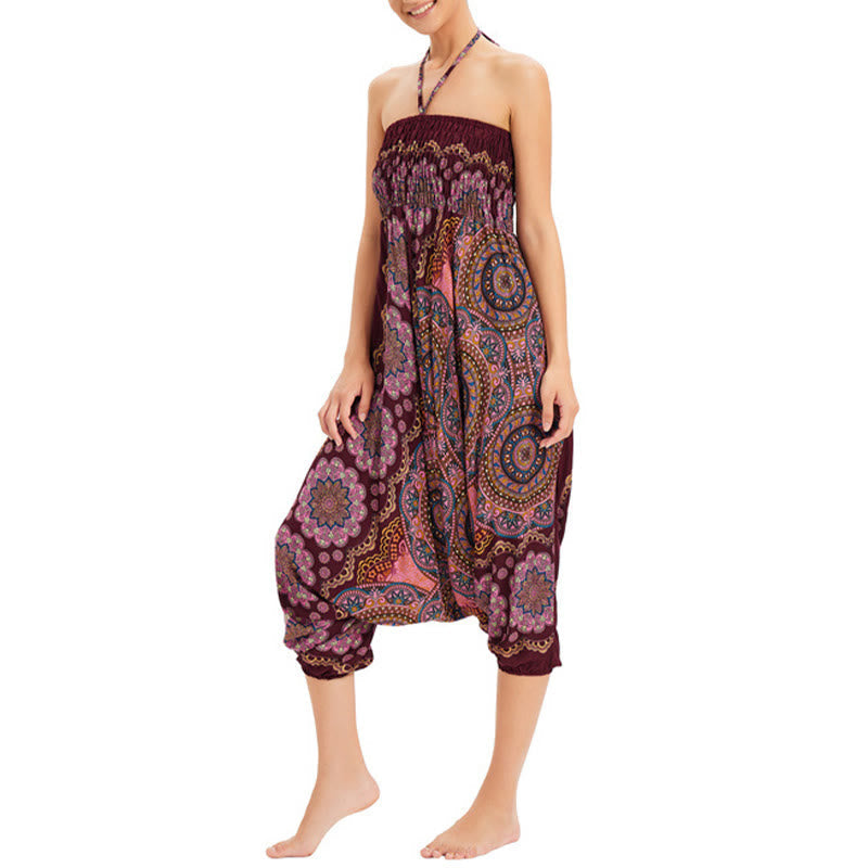 Two Style Wear Mandala Flower Pattern Loose Smocked Harem Trousers Jumpsuit High Waist Pants