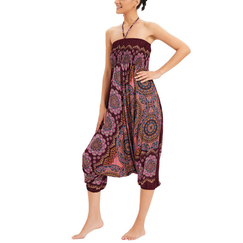 Two Style Wear Mandala Flower Pattern Loose Smocked Harem Trousers Jumpsuit High Waist Pants