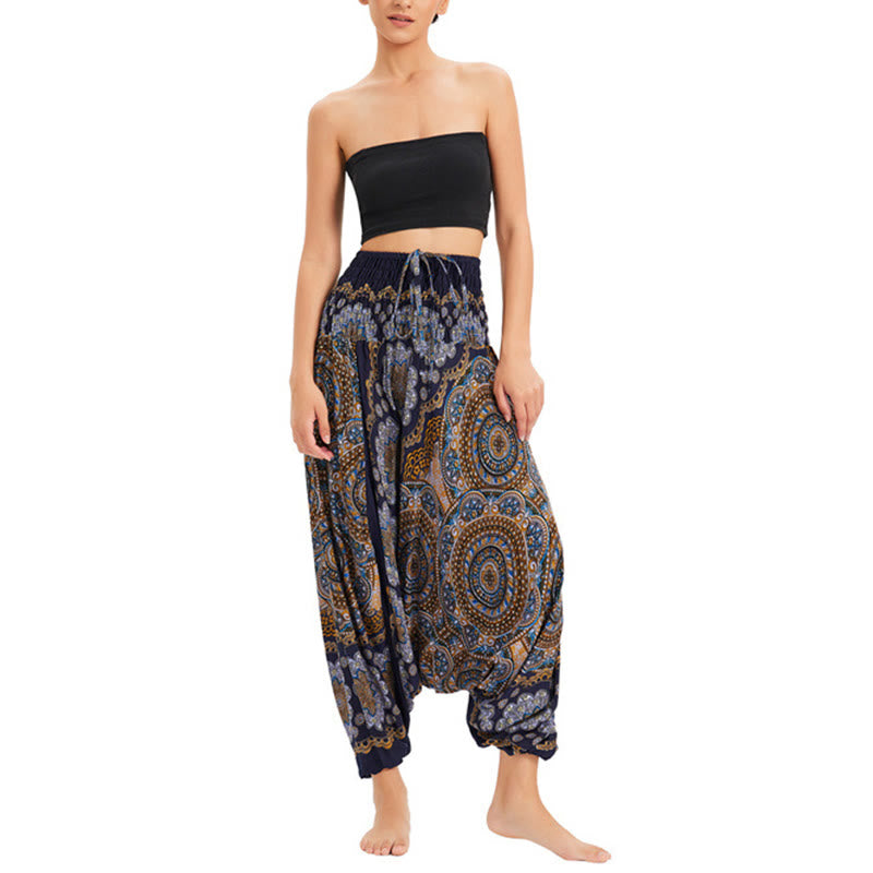 Two Style Wear Mandala Flower Pattern Loose Smocked Harem Trousers Jumpsuit High Waist Pants