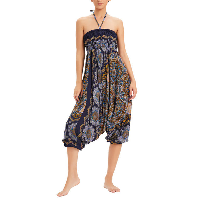 Two Style Wear Mandala Flower Pattern Loose Smocked Harem Trousers Jumpsuit High Waist Pants