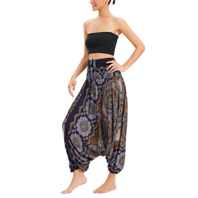 Two Style Wear Mandala Flower Pattern Loose Smocked Harem Trousers Jumpsuit High Waist Pants