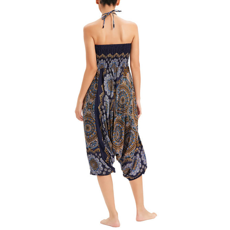 Two Style Wear Mandala Flower Pattern Loose Smocked Harem Trousers Jumpsuit High Waist Pants
