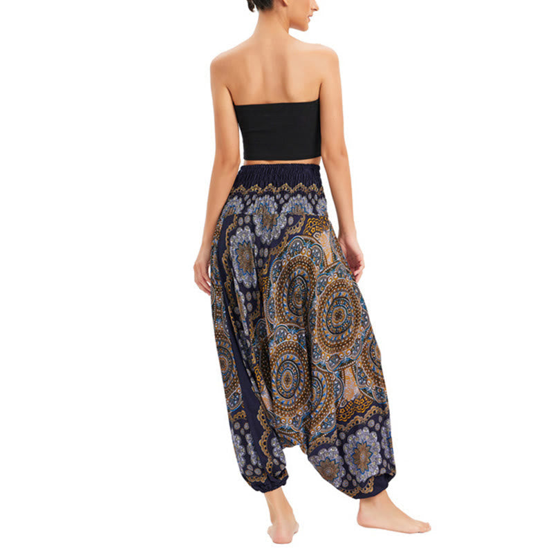 Two Style Wear Mandala Flower Pattern Loose Smocked Harem Trousers Jumpsuit High Waist Pants