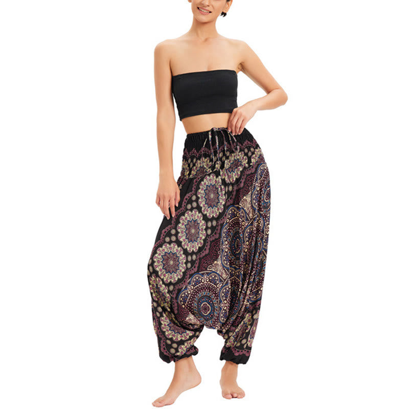 Two Style Wear Mandala Flower Pattern Loose Smocked Harem Trousers Jumpsuit High Waist Pants