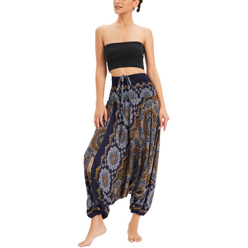 Two Style Wear Mandala Flower Pattern Loose Smocked Harem Trousers Jumpsuit High Waist Pants