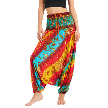 Two Style Wear Gradient Colorful Loose Smocked Harem Trousers Jumpsuit High Waist Pants