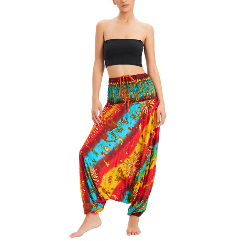 Two Style Wear Gradient Colorful Loose Smocked Harem Trousers Jumpsuit High Waist Pants