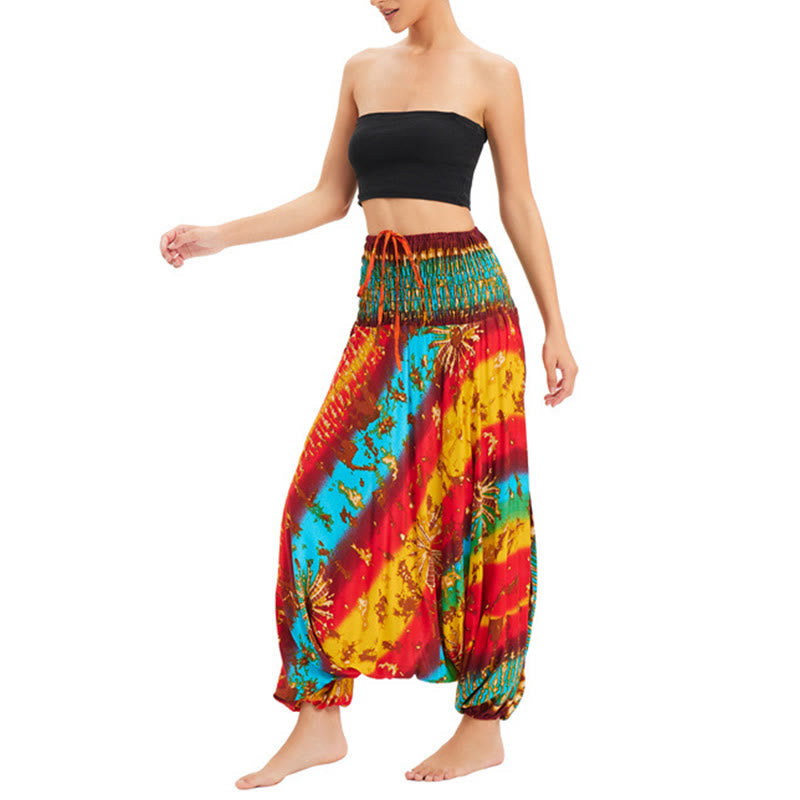 Two Style Wear Gradient Colorful Loose Smocked Harem Trousers Jumpsuit High Waist Pants