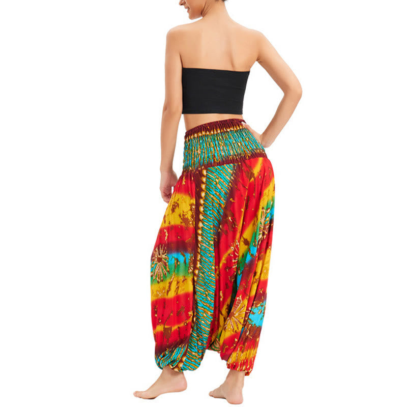 Two Style Wear Gradient Colorful Loose Smocked Harem Trousers Jumpsuit High Waist Pants