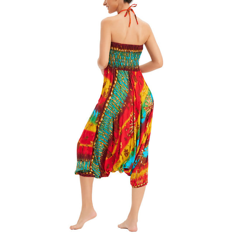 Two Style Wear Gradient Colorful Loose Smocked Harem Trousers Jumpsuit High Waist Pants