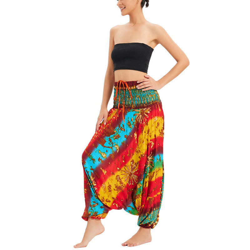 Two Style Wear Gradient Colorful Loose Smocked Harem Trousers Jumpsuit High Waist Pants